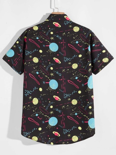 Men Galaxy Print Button Up Shirt