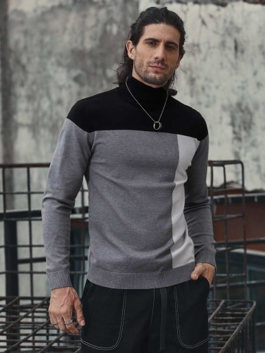 Men High Neck Cut And Sew Sweater
