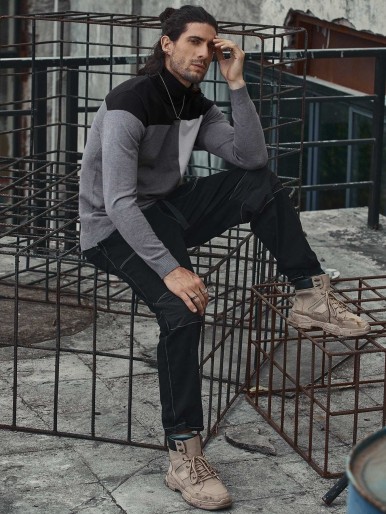 Men High Neck Cut And Sew Sweater