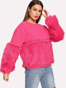 Neon Pink Gem Beading Faux Fur Panel Sweatshirt