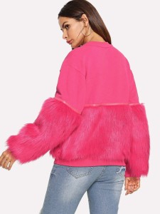 Neon Pink Gem Beading Faux Fur Panel Sweatshirt