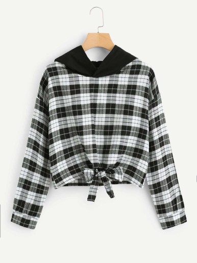 Knot Front Checked Hooded Sweatshirt