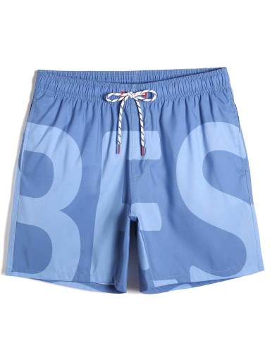 Men Letter Graphic Drawstring Waist Swim Trunks