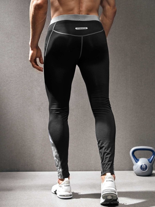 Fitness Men Reflective Letter Graphic Topstitching Sports Tights