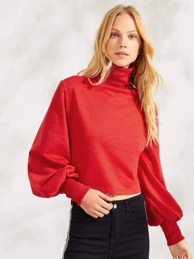 Rolled Neck Leg-Of-Mutton Sleeve Solid Pullover