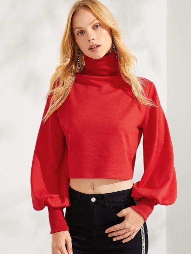 Rolled Neck Leg-Of-Mutton Sleeve Solid Pullover