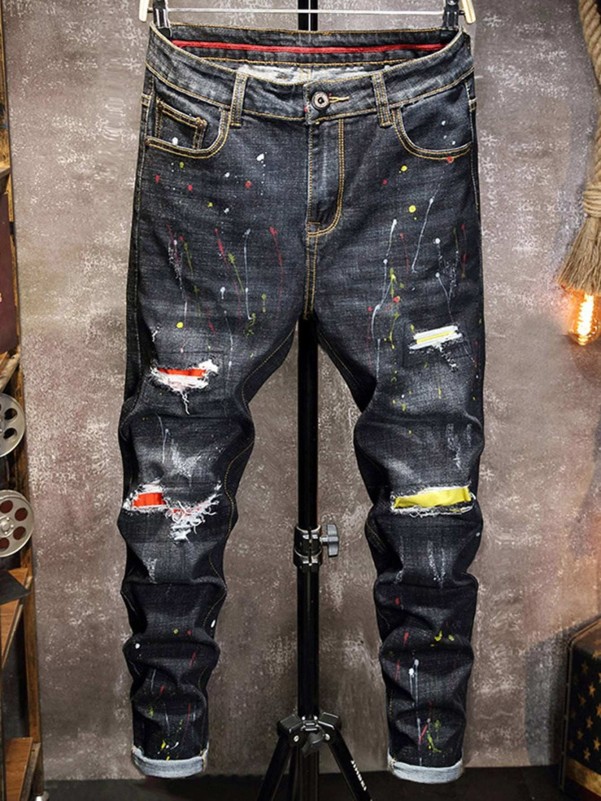 Men Splatter Print Ripped Skinny Jeans