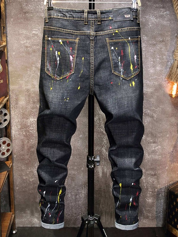 Men Splatter Print Ripped Skinny Jeans