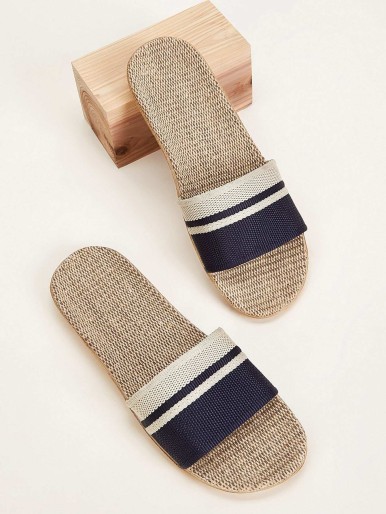 Men Striped Linen Slippers