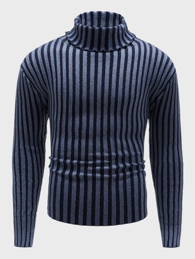 Men Striped Pattern Lettuce Trimed Sweater