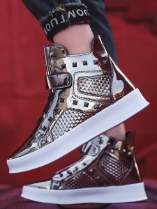 Men Studded Decor Artificial Patent Leather Boots