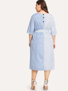 Plus Contrast Striped Self Tie Dress