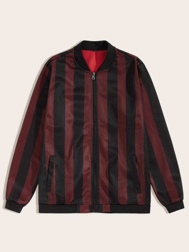 Men Vertical Stripe Zip Up Bomber Jacket