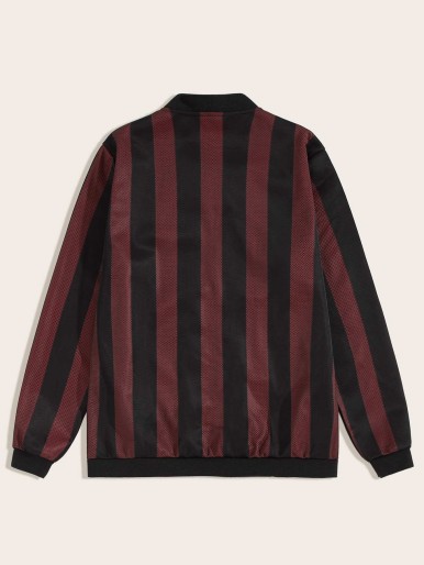 Men Vertical Stripe Zip Up Bomber Jacket