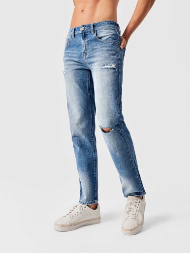 Men Washed Detail Ripped Jeans