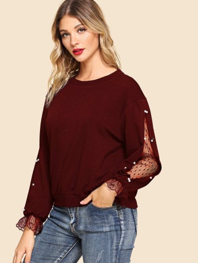 Pearls Beaded Lace Contrast Pullover