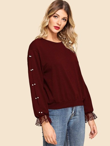 Pearls Beaded Lace Contrast Pullover