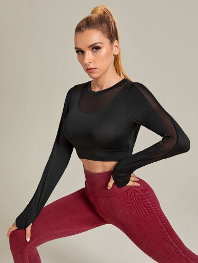 Mesh Insert Thumb Holes Crop Sports Tee