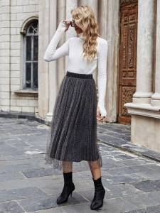 Mesh Overlay Pleated Skirt