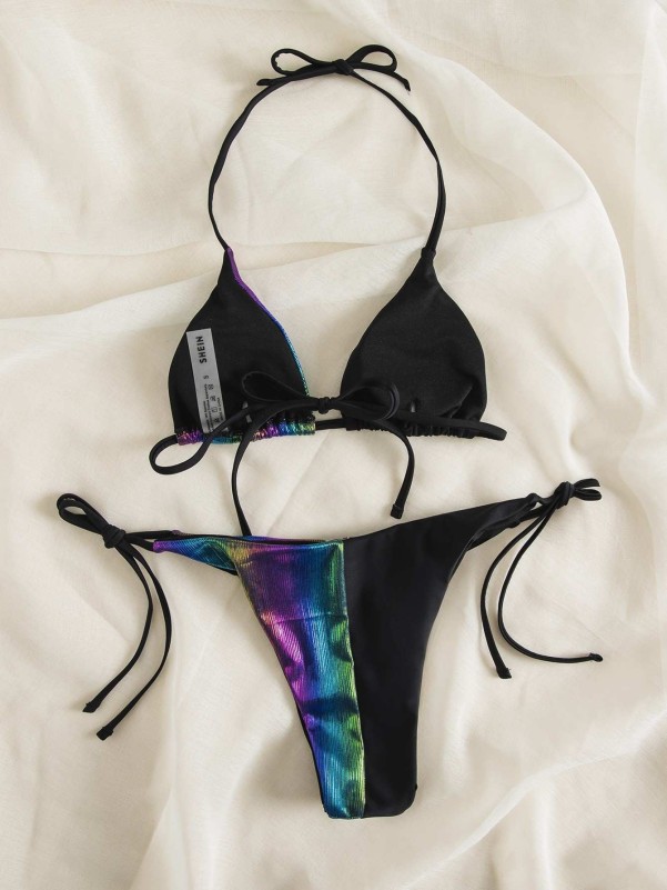 Metallic Halter Tie Side Bikini Swimsuit