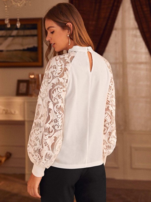 CUE AIR Women's Contrast Guipure Lace Bishop Sleeve Blouse Long Sleeve  Chiffon Pullover Shirts 