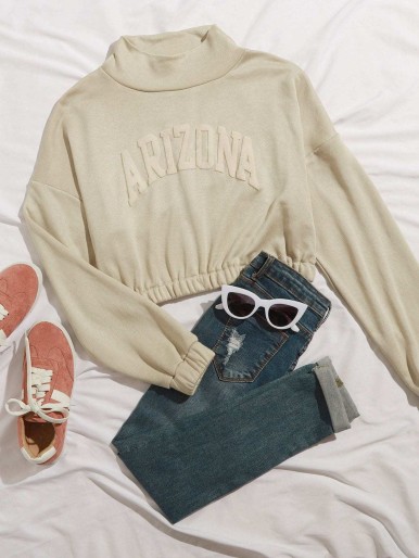 Mock Neck Drop Shoulder Letter Patched Crop Pullover