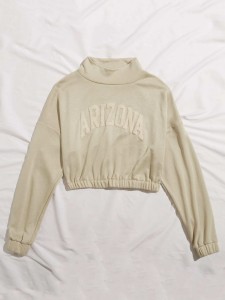 Mock Neck Drop Shoulder Letter Patched Crop Pullover