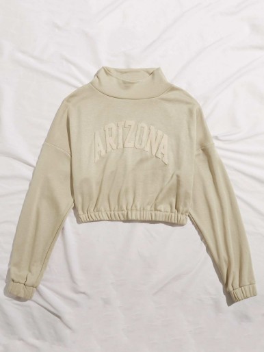 Mock Neck Drop Shoulder Letter Patched Crop Pullover