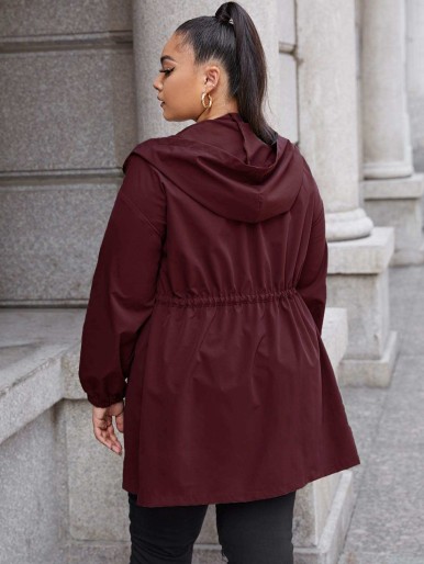 Plus Zip Up Drawstring Waist Hooded Coat