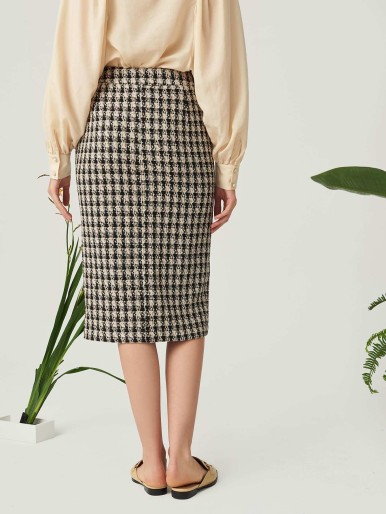 MOTF PREMIUM TWEED POCKET PLAID MIDI SKIRT