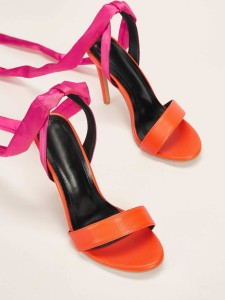 Neon Hot Pink Tie Leg Stiletto Heeled Sandals