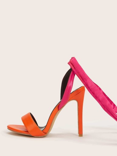 Neon Hot Pink Tie Leg Stiletto Heeled Sandals