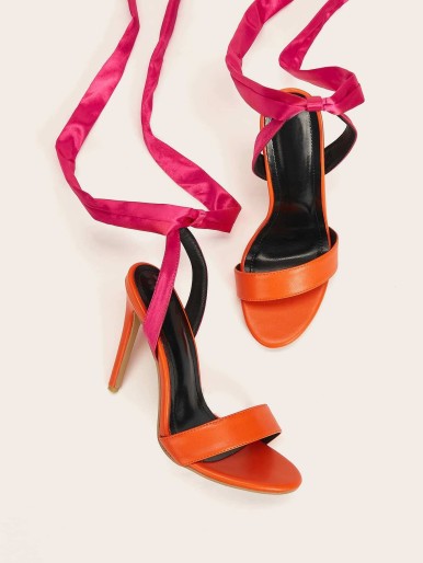 Neon Hot Pink Tie Leg Stiletto Heeled Sandals