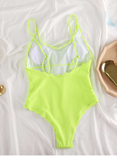 Neon Lime Rib Scallop Trim One Piece Swimsuit