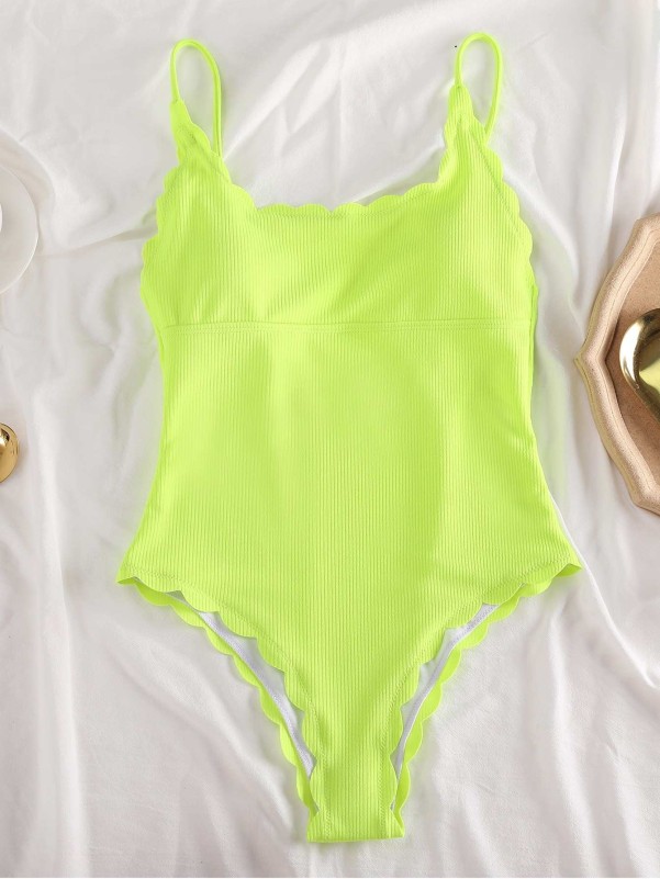 Neon Lime Rib Scallop Trim One Piece Swimsuit