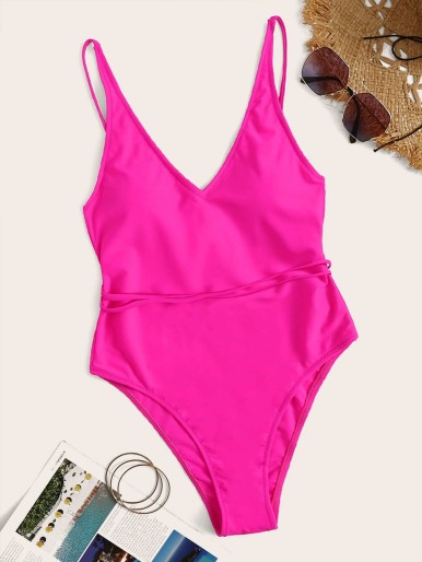 Neon Pink Criss Cross One Piece Swimsuit