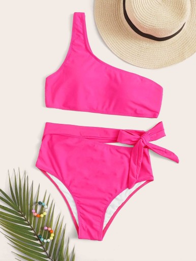 Neon Pink One Shoulder High Waisted Bikini Swimsuit