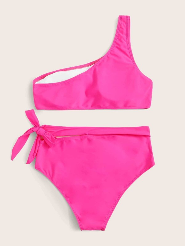 Neon Pink One Shoulder High Waisted Bikini Swimsuit