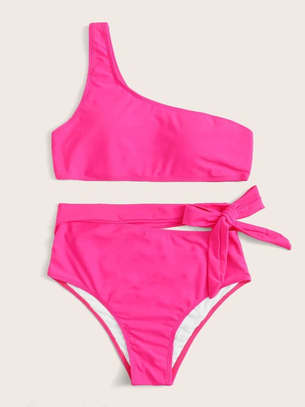 Neon Pink One Shoulder High Waisted Bikini Swimsuit