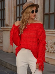 Neon Red Fringe Trim Pointelle Knit Sweater