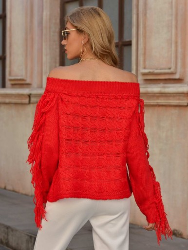 Neon Red Fringe Trim Pointelle Knit Sweater