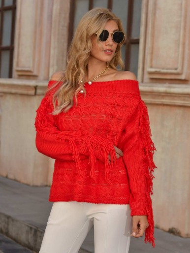 Neon Red Fringe Trim Pointelle Knit Sweater