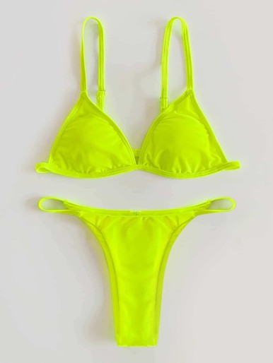 Neon Yellow Triangle Thong Bikini Swimsuit