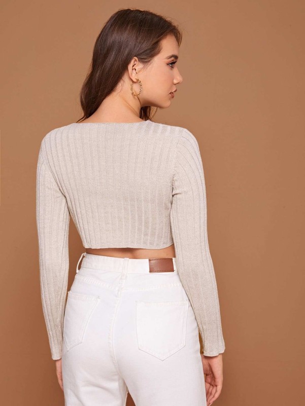 Notch Neck Ribbed Knit Sweater