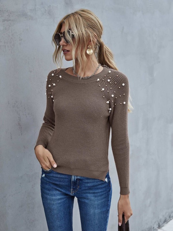 Pearls Detail Raglan Sleeve Sweater