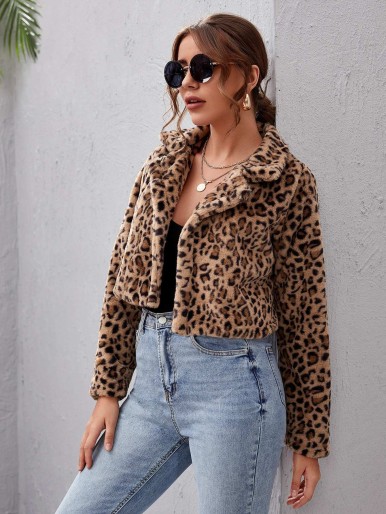 Notched Collar Leopard Fuzzy Coat