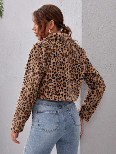 Notched Collar Leopard Fuzzy Coat