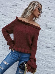 Off Shoulder Bell Sleeve Frill Trim Sweater