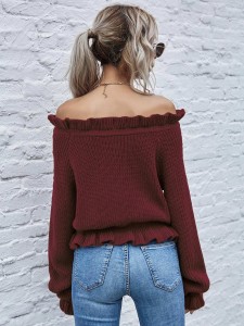 Off Shoulder Bell Sleeve Frill Trim Sweater