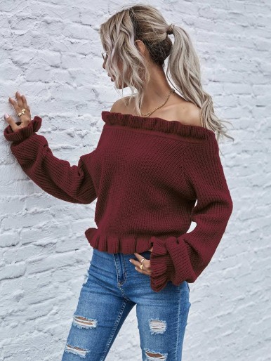 Off Shoulder Bell Sleeve Frill Trim Sweater